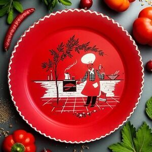 Vintage Stoyke Mid Century Large 19" Metal Round Serving Tray BBQ Grill‎ MCM Red